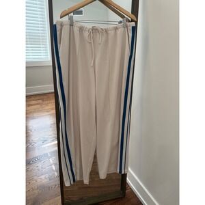 Athleta Women 1X Beige Navy Blue Side Stripe Wide Leg Track Pants Drawstring